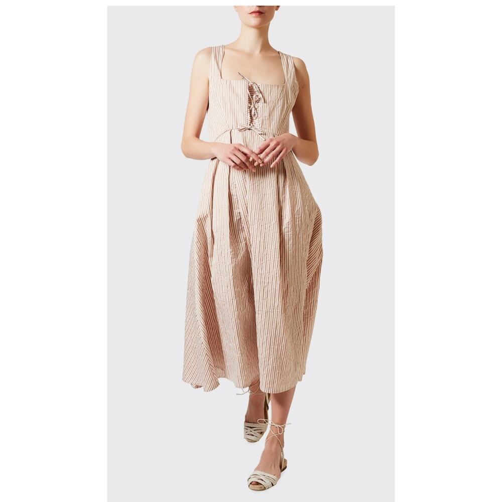 Thierry Colson Winifred Tie Front Midi Dress Cream & Tan Striped Cotton sz M - Picture 3 of 14